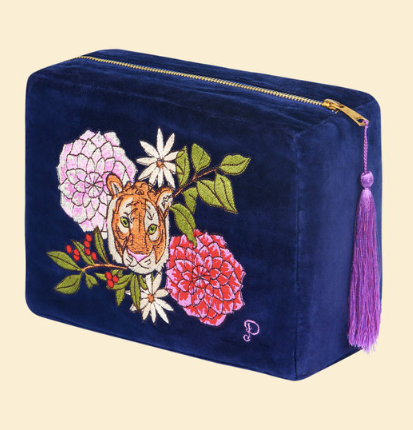 Velvet Vanity Bag - Floral Tiger Face in Indigo