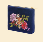 Velvet Mini Pouch - Floral Tiger Face in Indigo