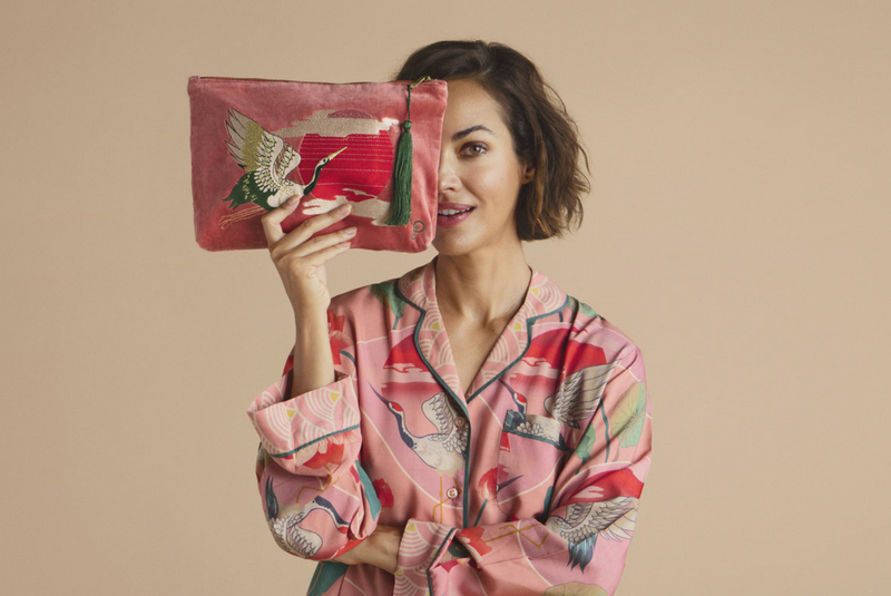 Velvet Zip Pouch - Crane at Sunrise in Petal